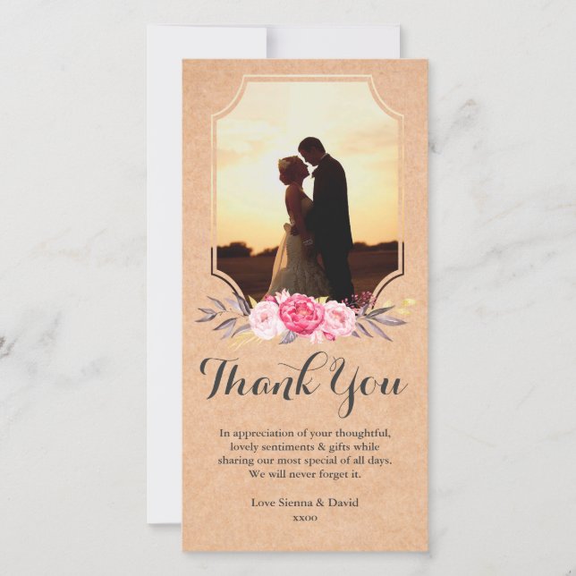 Wedding Thank You Watercolor Flowers Photo Card (Front)