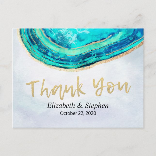 Wedding Thank You Watercolor Teal Gold Agate Geode Postcard (Front)