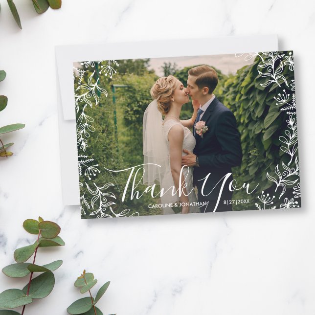 Wedding Thank You White Floral Framed Photo Card (Creator Uploaded)