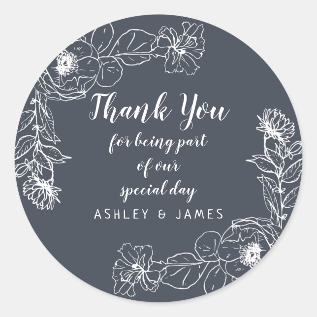 Wedding Thank You White Floral Outline Dark Blue Classic Round Sticker (Front)