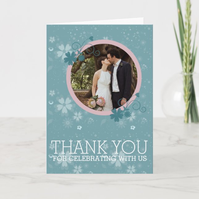 Wedding Thank You Winter Blue Floral Photo Card (Front)