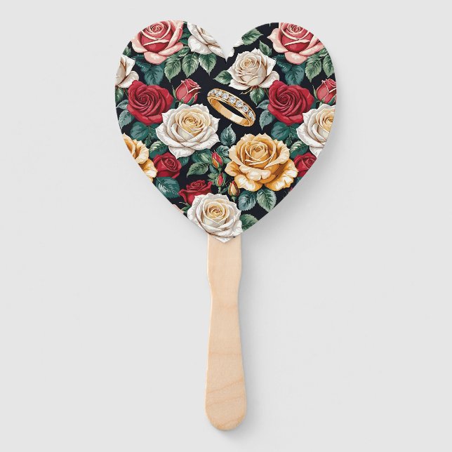 Wedding Theme With Roses And Wedding Rings Hand Fan (Front)