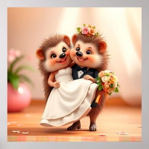 Wedding-Themed Illustration of Two Cute Hedgehogs Poster