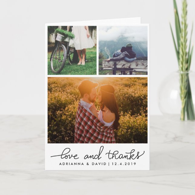 Wedding Three Photos Love And Thanks Script Thank You Card (Front)