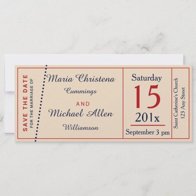 Wedding Ticket Retro Save The Date Announcement (Front)