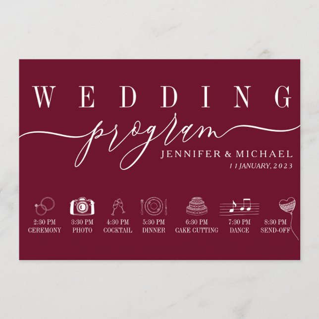 Wedding Timeline ceremony planning simple burgundy Program (Front)