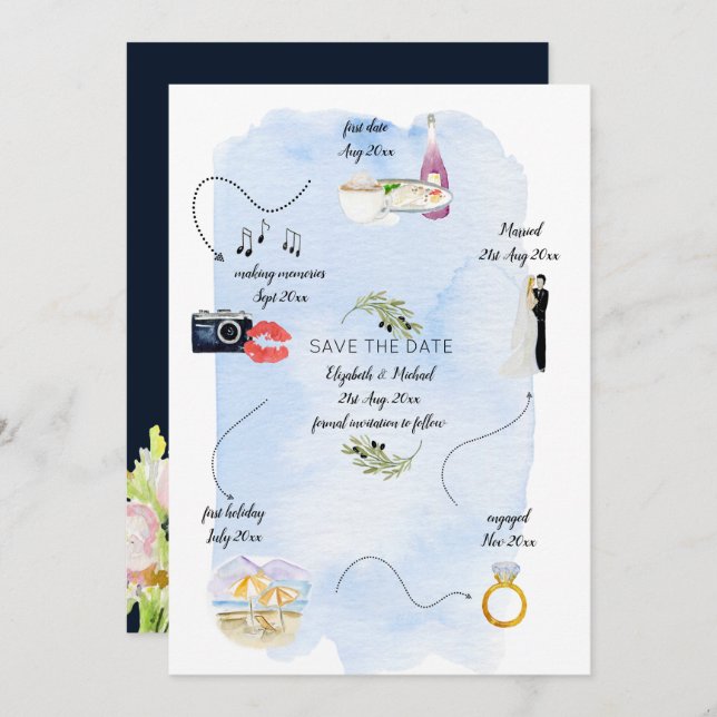 Wedding Timeline of how we met Save The Date Invitation (Front/Back)