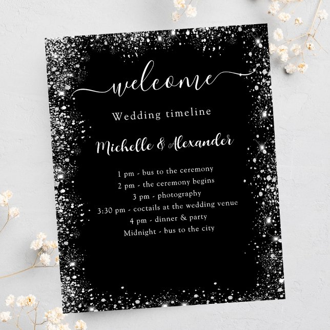 Wedding timeline program black silver white flyer (Creator Uploaded)