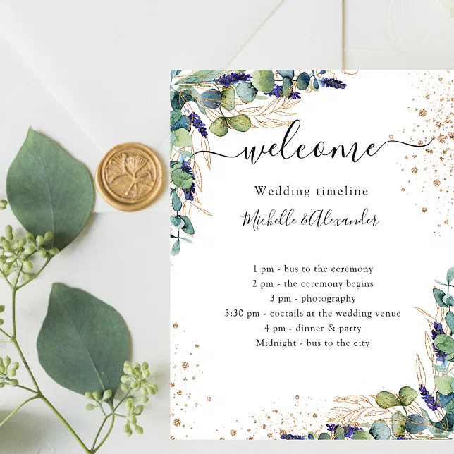 Wedding timeline program eucalyptus greenery flyer | Zazzle