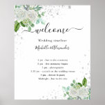 Wedding timeline program floral greenery poster<br><div class="desc">White elegant background,  decorated with a white watercolored white florals,  eucalyptus greenery,  and faux silver glitter dust. Personalise and add your names and your wedding day timeline.</div>