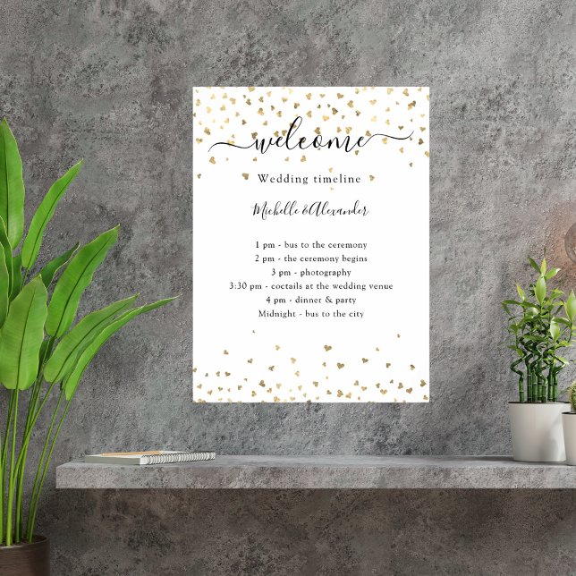 Wedding timeline program gold hearts welcome poster (Creator Uploaded)