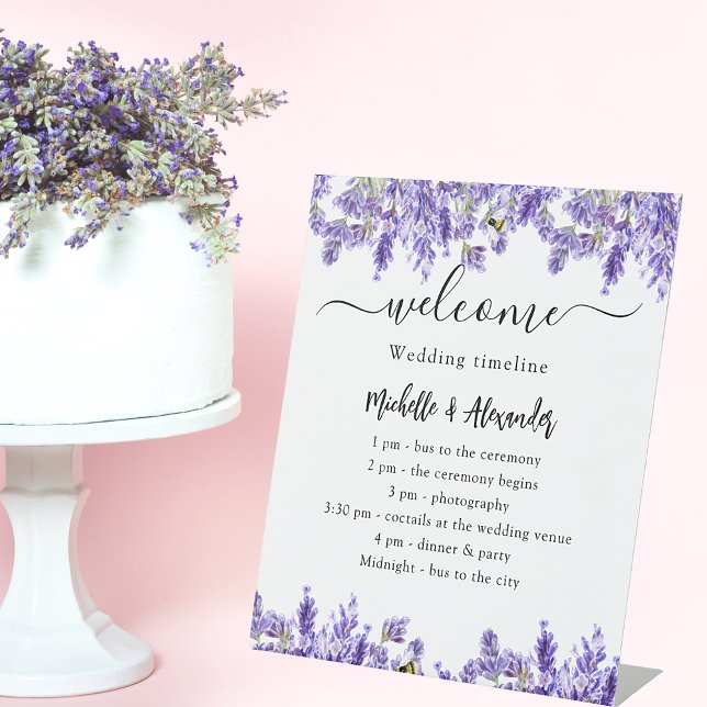 Wedding timeline program lavender florals welcome pedestal sign (Creator Uploaded)