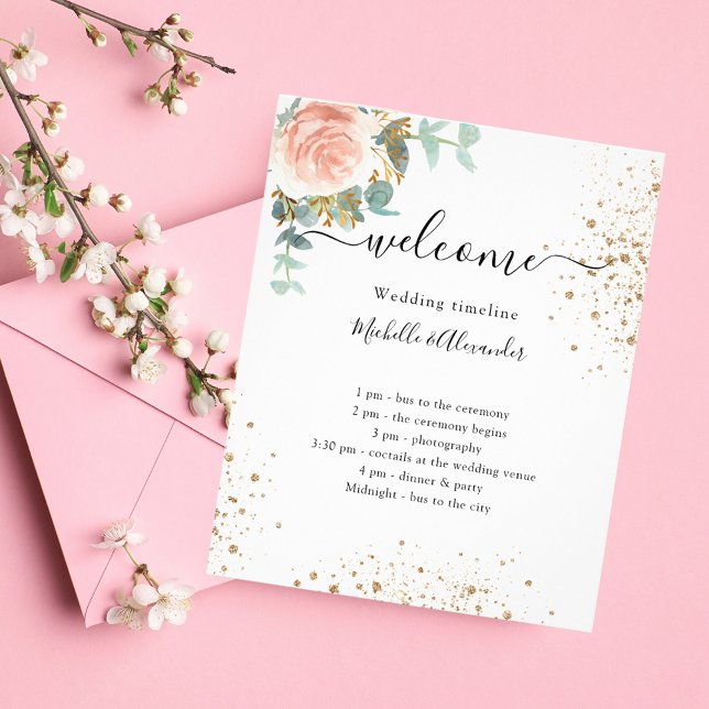 Wedding timeline program rose gold floral budget flyer (Creator Uploaded)