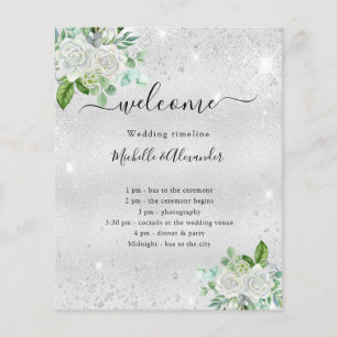 Wedding timeline program silver floral greenery flyer