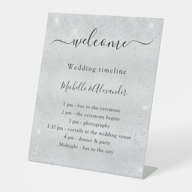 Wedding timeline promgram silver glitter welcome  pedestal sign (Front)