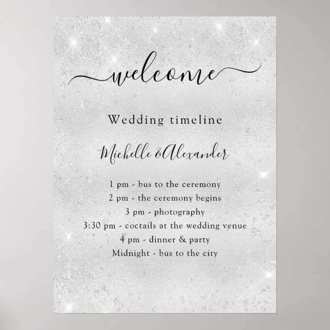 Wedding timeline promgram silver glitter welcome poster (Front)