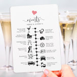 Wedding timeline with cute heart, guest itinerary advice card<br><div class="desc">This wedding itinerary and welcome card features a small heart motif that you can change to any colour. Using pictogram icons, let your guests know of your itinerary for your big day & ensure no one misses out on any of your agenda during the whole event. With a welcome message...</div>