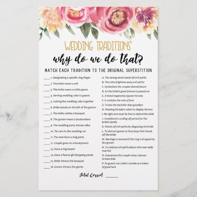 Wedding traditions game with Answers (Front)