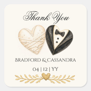 Wedding treat favour Thank You bride groom Hearts Square Sticker