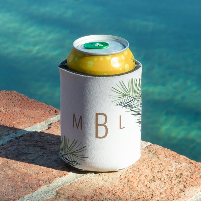 Wedding Tropical Foliage Gold Monogram  Can Cooler (In Situ Pool)