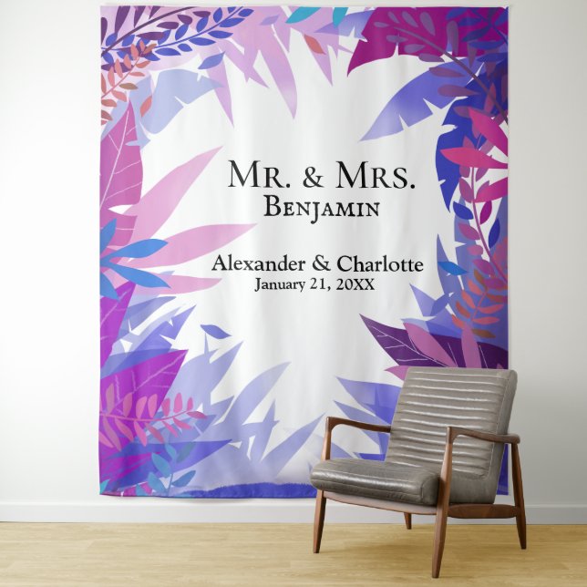 Wedding Tropical Watercolor Photo Booth Backdrop Tapestry (In Situ)