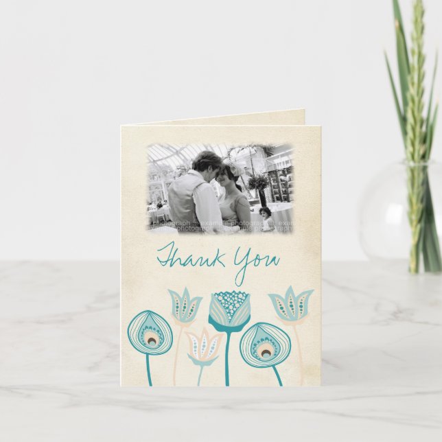 Wedding Turquoise Blue Ivory Funky Thank You Card (Front)