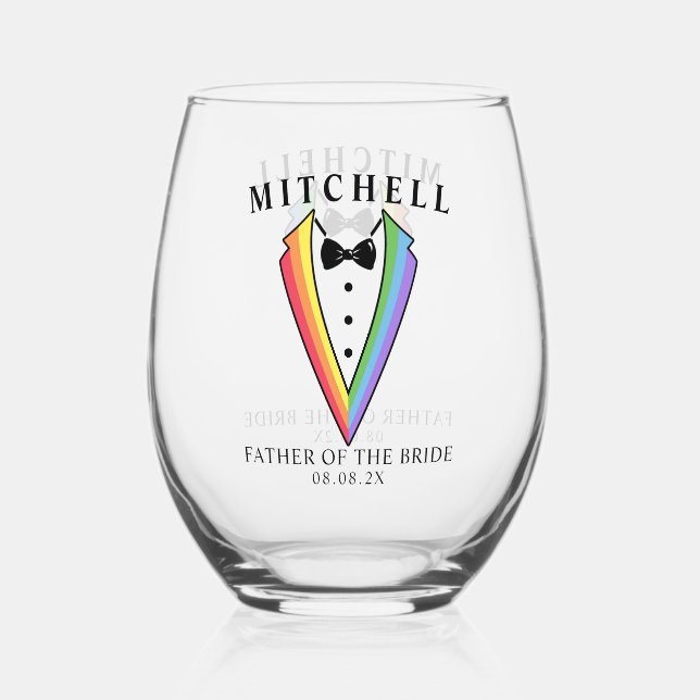 Wedding Tuxedo Father of the Gay Bride LGBTQ+ Stemless Wine Glass (Front)