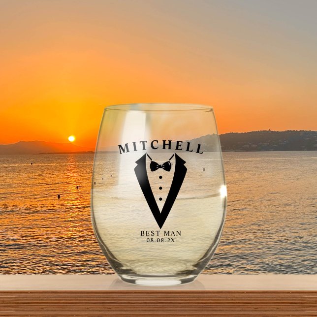 Wedding Tuxedo Personalised Best Man Stemless Wine Glass (Creator Uploaded)