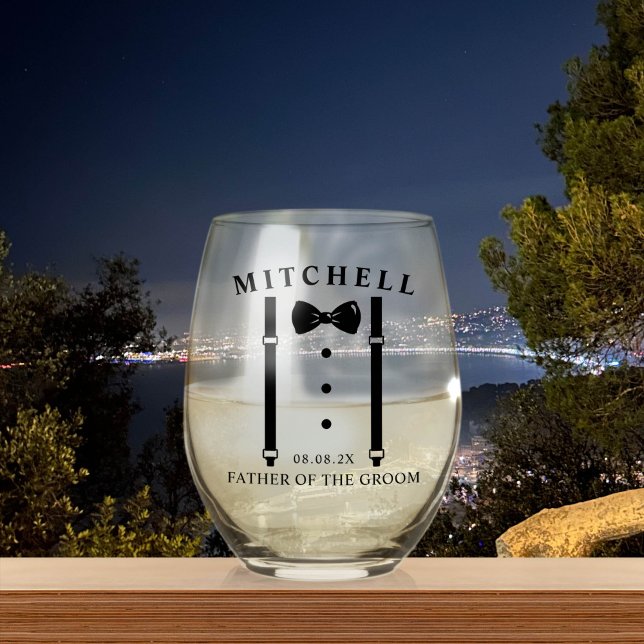 Wedding Tuxedo Personalised Father of The Groom Stemless Wine Glass (Creator Uploaded)