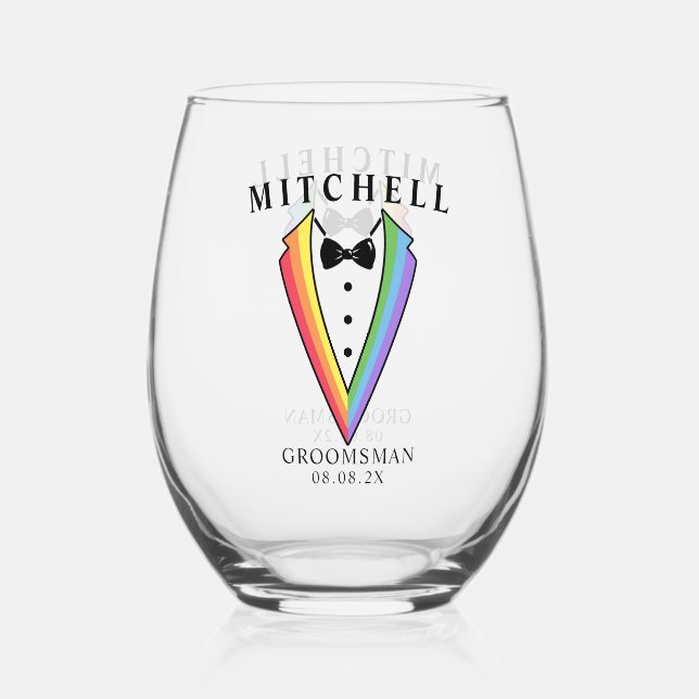 Wedding Tuxedo Personalised Groomsman Stemless Win Stemless Wine Glass (Front)