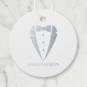 Wedding Tuxedo Suit and Bow Tie Groomsmen Silver Favour Tags