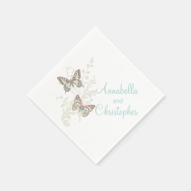 Wedding two butterflies art teal white napkins (Corner)