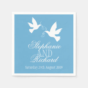 Wedding two white doves blue custom napkins