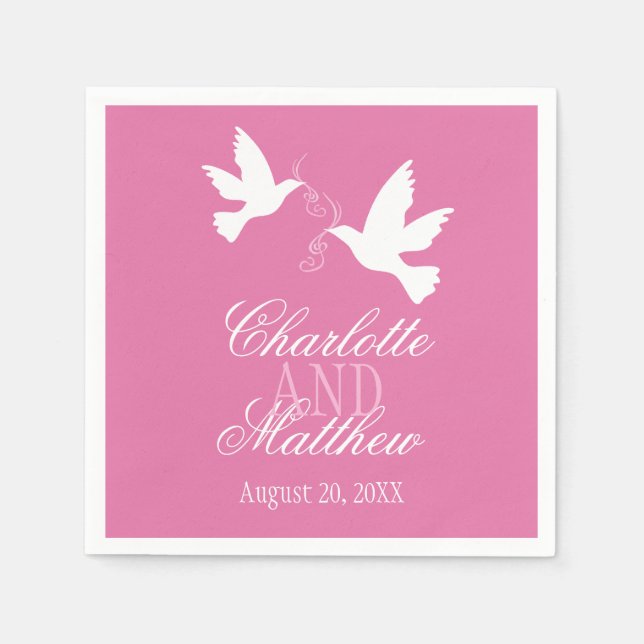 Wedding two white doves pink custom napkins (Front)