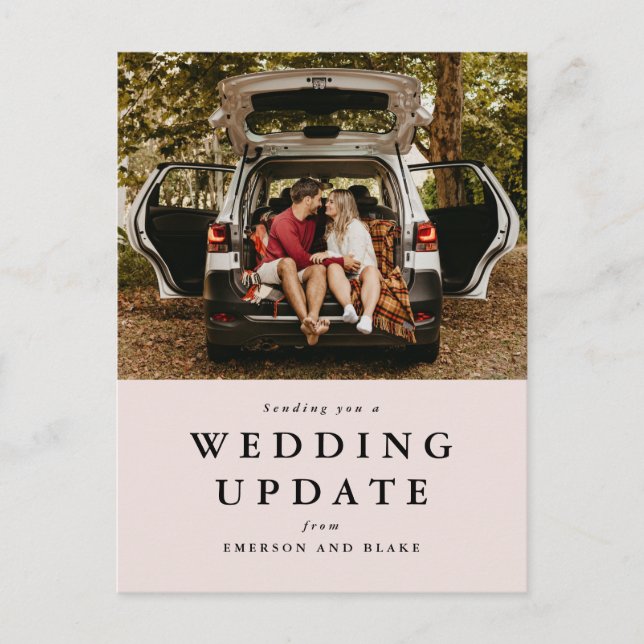 Wedding update change the date blush photo postcard (Front)