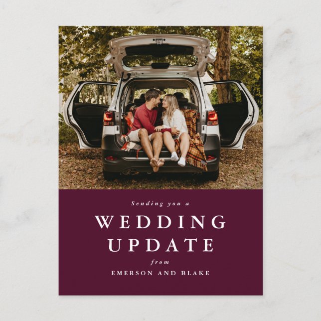 Wedding update change the date maroon photo postcard (Front)