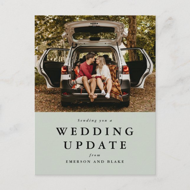 Wedding update change the date sage green photo postcard (Front)