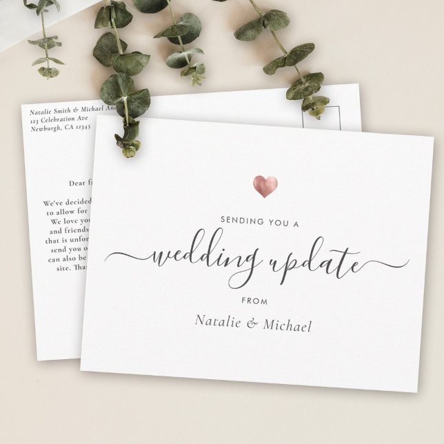 Wedding Update Elegant Script Rose Gold Heart Postcard (Wedding update card with elegant script text on a white background, along a small rose gold heart)