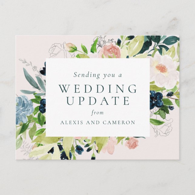 Wedding update navy blush floral postcard (Front)