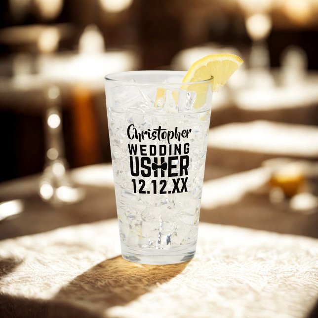 Wedding Usher Name Bridal Party Glass (Perfect wedding favor for your Usher. Just add their name and your wedding date)