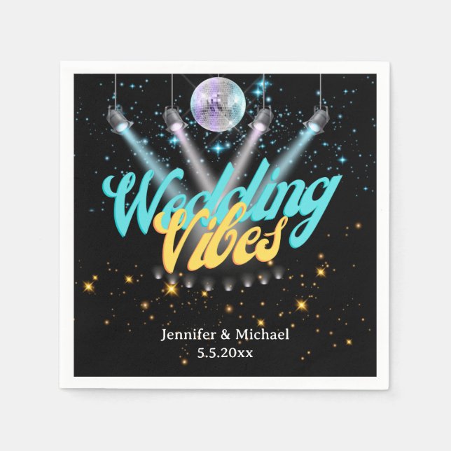 wedding vibes retro disco lights black sparkle napkin (Front)