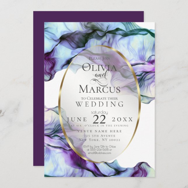 WEDDING | Vibrant Teal Plum Abstract Ink Invitation (Front/Back)