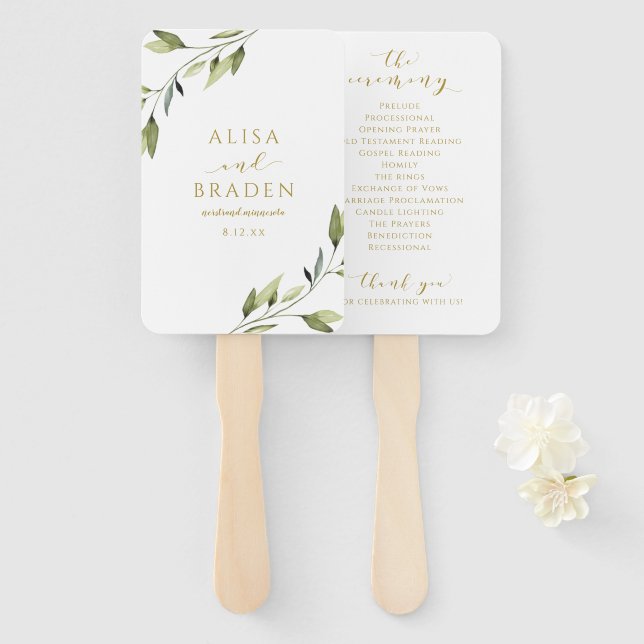 Wedding Vines Leaves Greenery Botanical Gold Hand Fan (Front and Back)