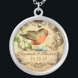 Wedding Vintage Bird Coral & Aqua Necklace<br><div class="desc">Keepsake Necklaces Choose either Silver Plated Gold Finish or Sterling Silver Unique Personalised Custom !st Christmas Gift Wedding Keepsake Wedding Party Necklaces - to change background colour - click customise - click edit - choose last tool in drop down menu and choose from one of the colours shown or enter...</div>