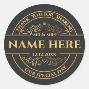 Wedding Vintage Black and Gold personalised Classic Round Sticker
