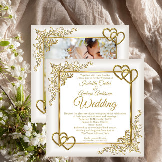 Wedding Vintage Cream White Gold Hearts Photo Invitation