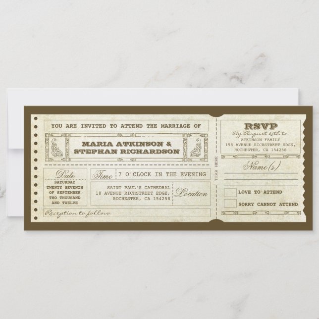 wedding vintage ticket invitation & rsvp design (Front)