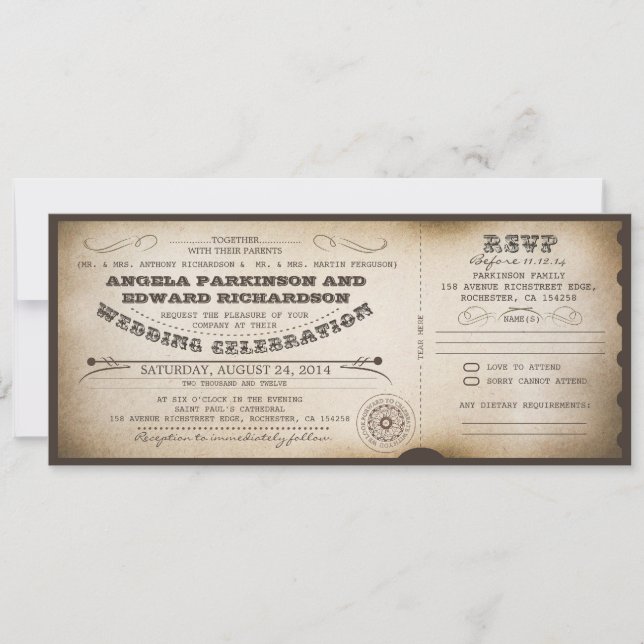 wedding vintage ticket invitation with RSVP design (Front)