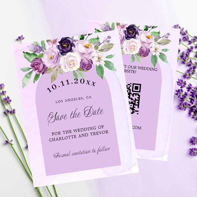 Wedding violet florals QR budget save the date (Creator Uploaded)