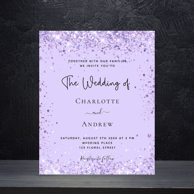 Wedding violet glitter script budget invitation  flyer (Creator Uploaded)
